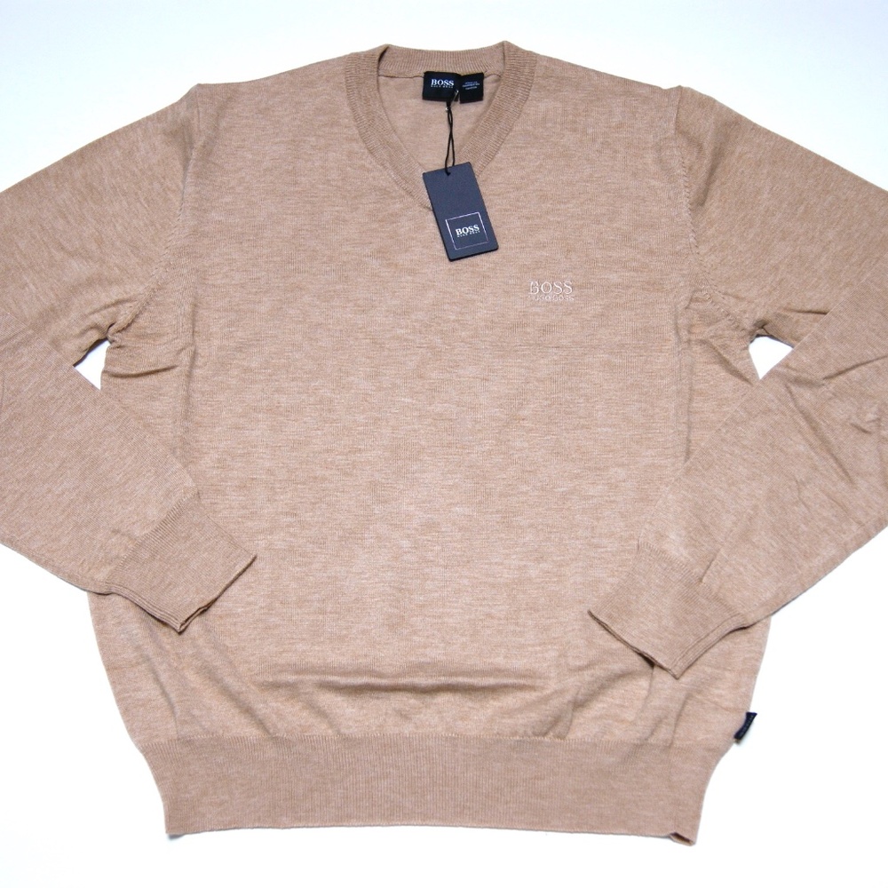 New Hugo Boss V neck Beige Camel Wool Sweater